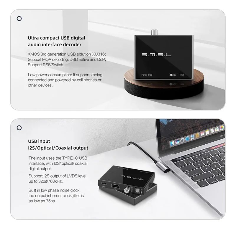 SMSL PO100 PRO USB DDC — XU316, I2S/Optical/Coax Out
