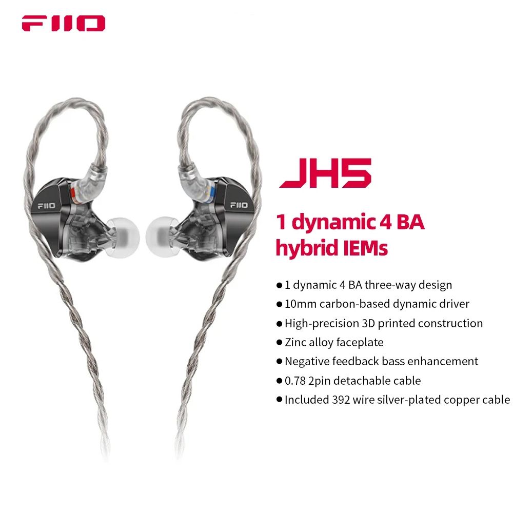 FiiO JH5 IEM — 1DD+4BA Hybrid, Detachable 2-Pin Cable
