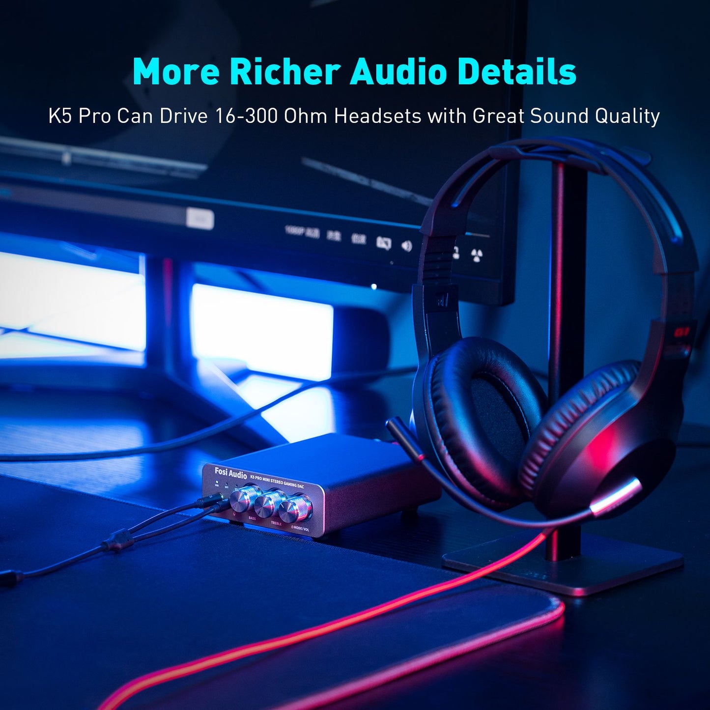 Fosi Audio K5 PRO Gaming DAC Amp — USB-C/Optical, Mic In