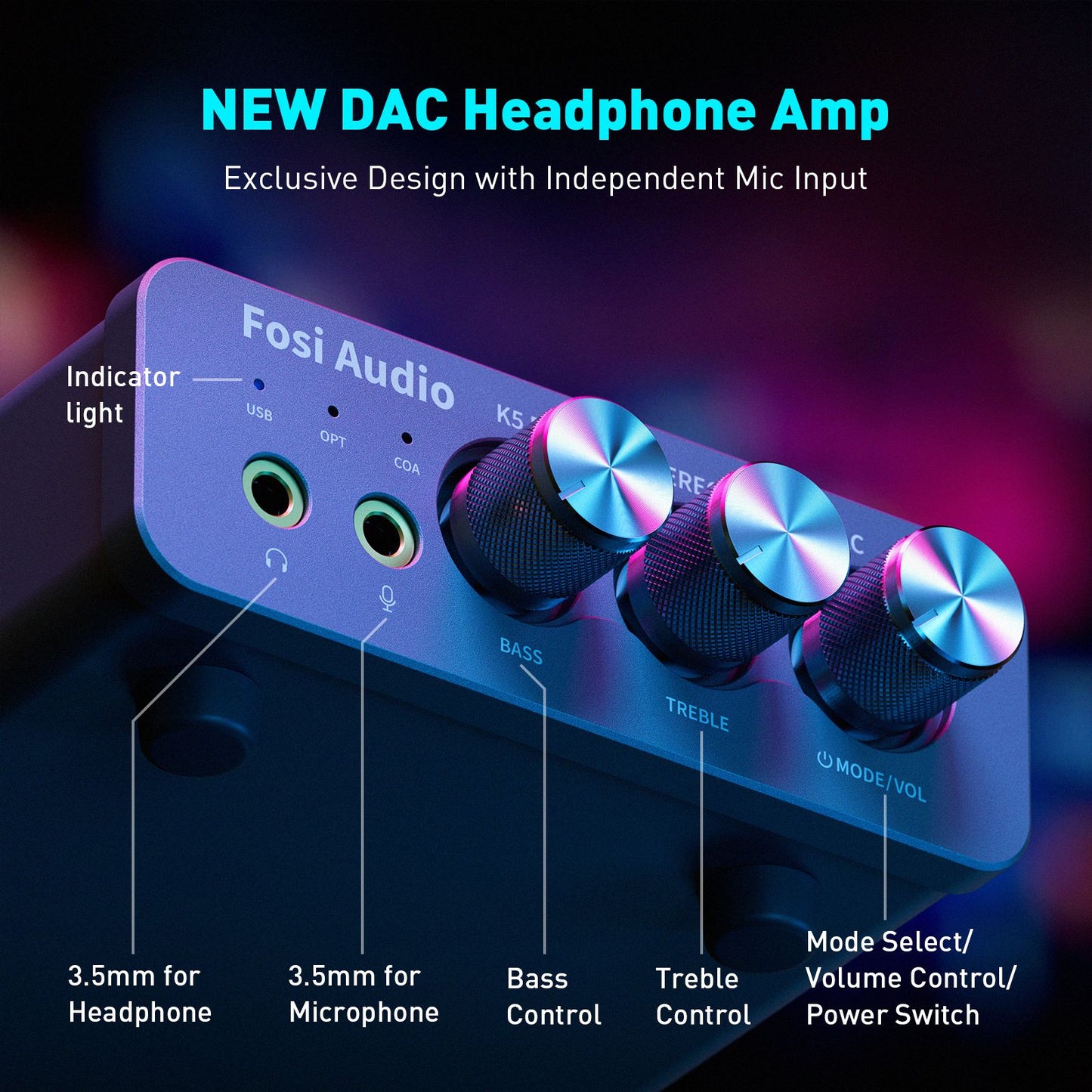 Fosi Audio K5 PRO Gaming DAC Amp — USB-C/Optical, Mic In