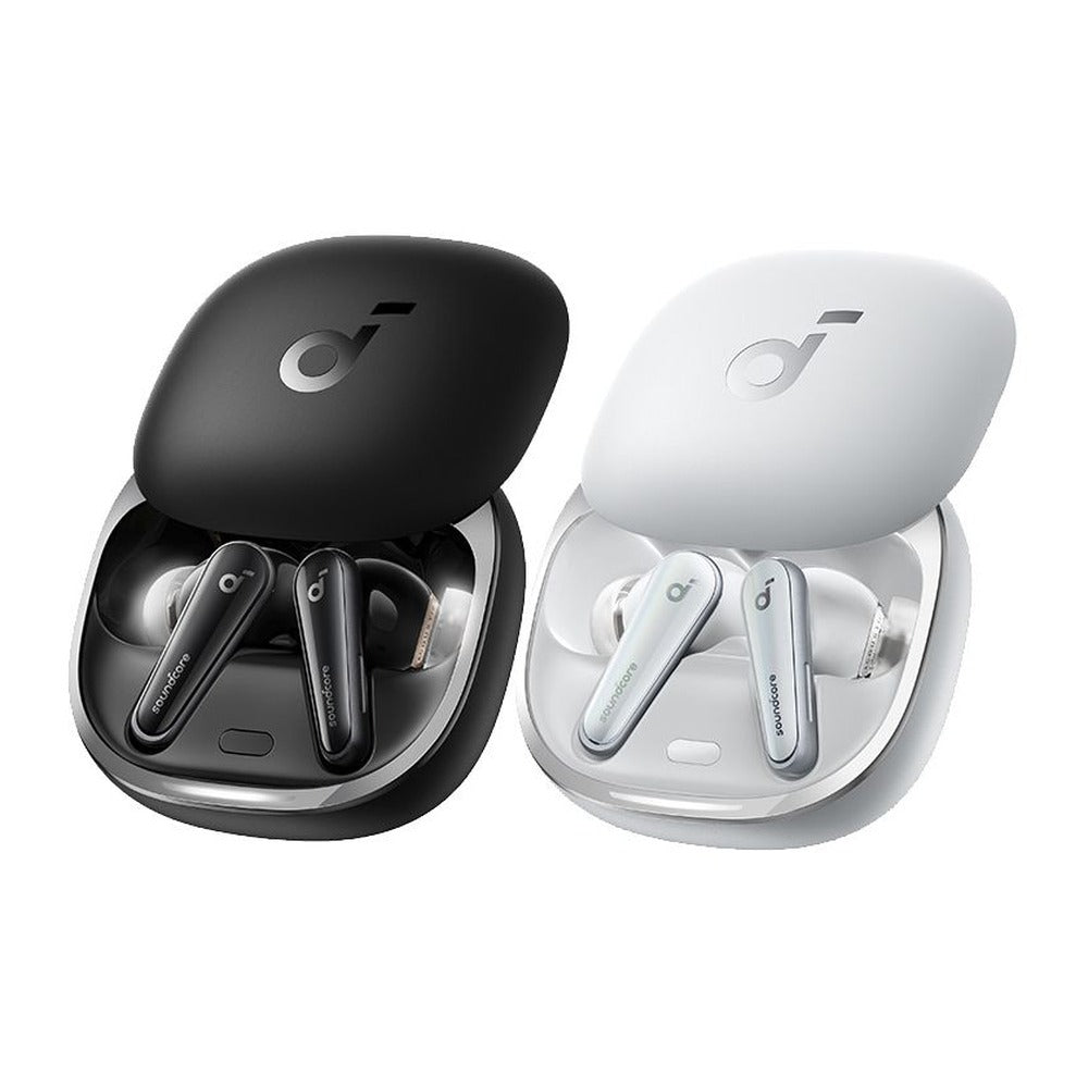 Anker Soundcore Liberty 4 earbuds in open charging cases, black and white, front view