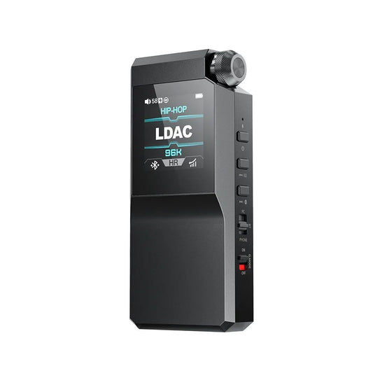 FiiO BTR17 Bluetooth DAC amp, black, angled front view