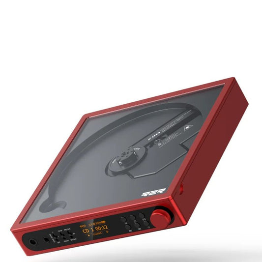 FiiO DM15 R2R portable CD player, red, angled top view with clear lid and front control panel