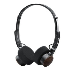 FiiO EH11 Bluetooth on-ear headphones, black with wood-grain ear cups, three-quarter view
