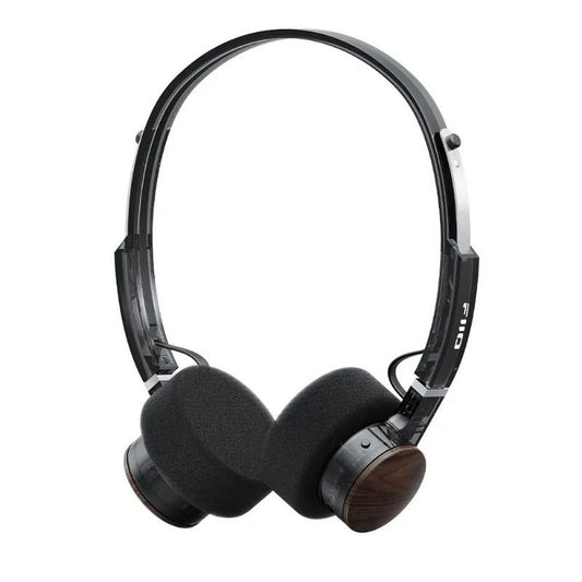 FiiO EH11 Bluetooth on-ear headphones, black with wood-grain ear cups, three-quarter view