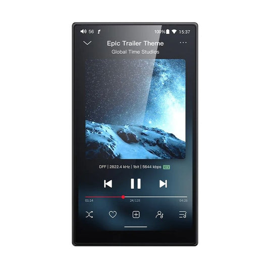 FiiO JM21 portable music player, black, front view with screen on