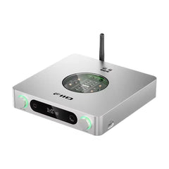 FiiO K13 R2R desktop DAC and headphone amplifier, silver, with antenna, front three-quarter view