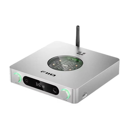 FiiO K13 R2R desktop DAC and headphone amplifier, silver, with antenna, front three-quarter view