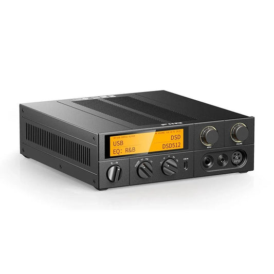 FiiO K17 desktop DAC and headphone amplifier, black, front three-quarter view with display on