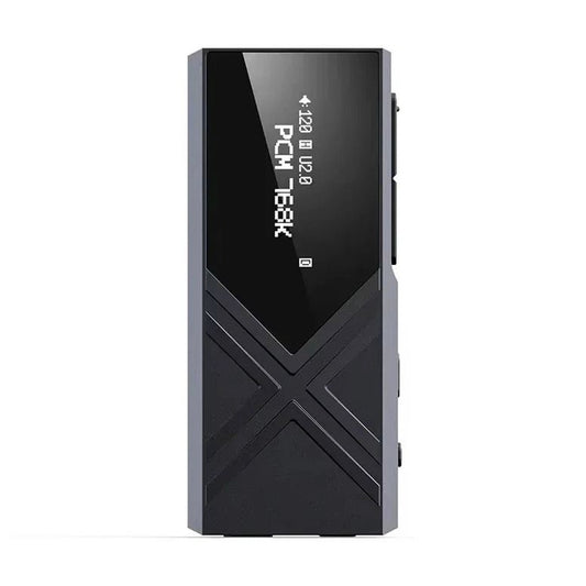 FiiO KA17 portable USB DAC and headphone amplifier, black and grey, front view