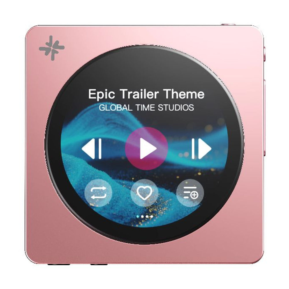 FiiO Snowsky Disc portable music player, pink, front view with round touchscreen showing the playback screen