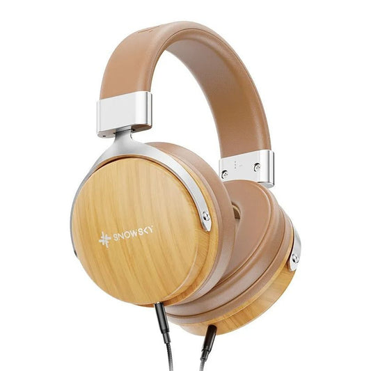 FiiO Snowsky Nature wired over-ear headphones, bamboo wood earcups with brown headband and silver sliders, three-quarter view