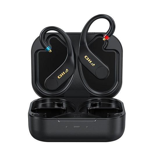 FiiO UTWS5 true wireless Bluetooth ear-hook adapters, black, above open charging case, front view