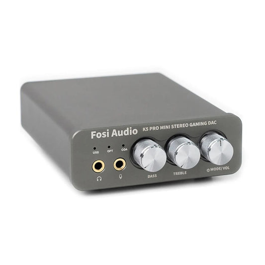 Fosi Audio K5 PRO gaming DAC and headphone amplifier, grey, front three-quarter view