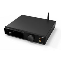 SMSL AO300 PRO integrated amplifier and DAC, black, front three-quarter view with Bluetooth antenna
