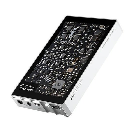 SMSL DS20 portable USB DAC headphone amplifier, silver body with printed circuit-pattern top panel, angled view